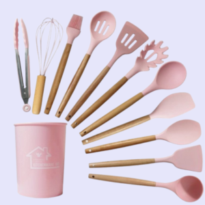 KIT de Utensílios Para Cozinha em Silicone e Bambu 12 Peças