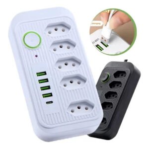 Filtro de linha extensão de 2 metros com 5 tomadas, 4 usb e 1 entrada tipo-c