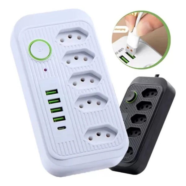 Filtro de linha extensão de 2 metros com 5 tomadas, 4 usb e 1 entrada tipo-c