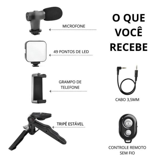 Kit Gravação Vlogging Com Microfone LED Tripé Portátil - Image 2