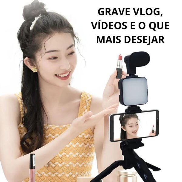 Kit Gravação Vlogging Com Microfone LED Tripé Portátil - Image 3