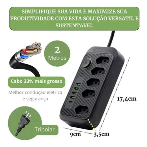 Filtro de linha extensão de 2 metros com 5 tomadas 4 usb e 1 entrada tipo-c - Image 3