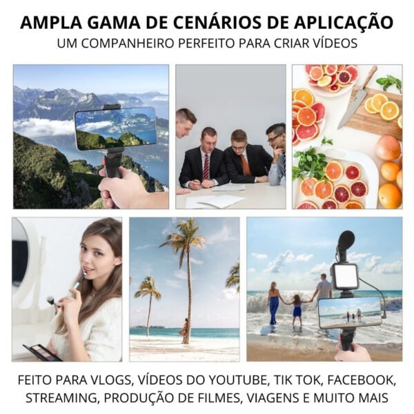 Kit Gravação Vlogging Com Microfone LED Tripé Portátil - Image 4