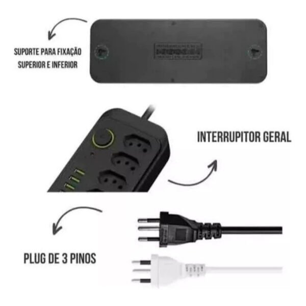 Filtro de linha extensão de 2 metros com 5 tomadas 4 usb e 1 entrada tipo-c - Image 4