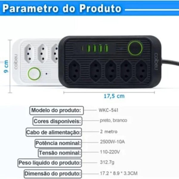 Filtro de linha extensão de 2 metros com 5 tomadas 4 usb e 1 entrada tipo-c - Image 7