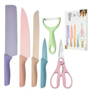 Kit Conjunto de Facas Coloridas Aço inox Tesoura Descascador Cozinha Gourmet 6 Peças Sobre o Jogo de Utensílios de Cozinha em Aço Inox: O conjunto de utensílios de cozinha deixa sempre os 6 utensílios essenciais em sua mão para preparar e servir pratos e refeições. Os utensílios são polidos individualmente e garantem mais saúde pois não liberam resíduos em aço inoxidável, os utensílios são polidos individualmente e garantem mais saúde pois não liberam resíduos.