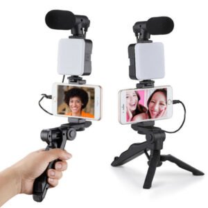 Kit Gravação Vlogging Com Microfone LED Tripé Portátil